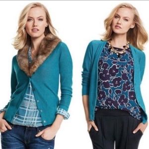 CAbi Blue Cardigan Removable Fur Collar Sweater Women’s Sz Small #3018‎